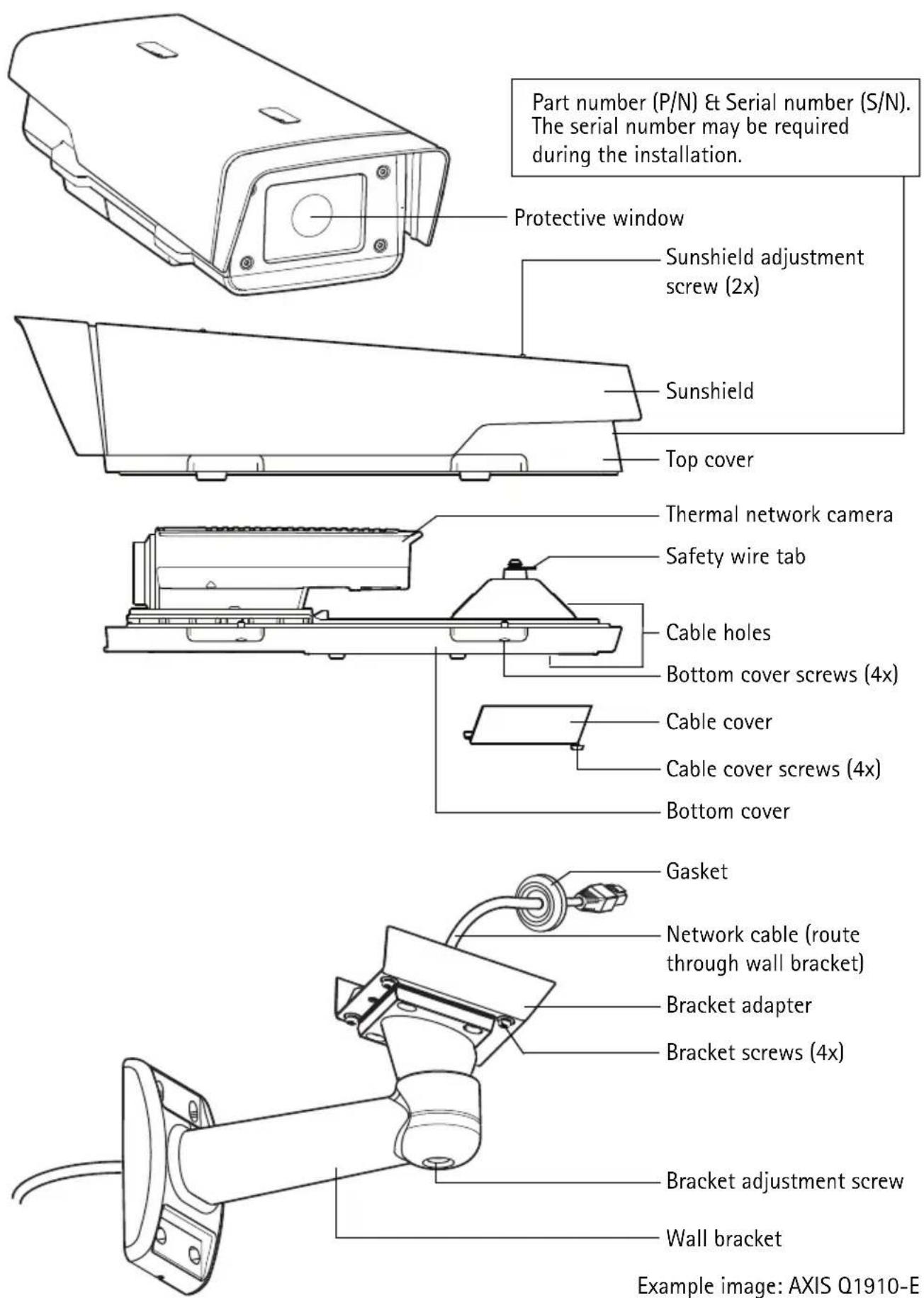 Part number (P/N) & Serial number (S/N). The serial number may be required during the installation. Protective window Sunshield adjustment screw (2x) Sunshield Top cover Thermal network camera Safety wire tab Cable holes Bottom cover screws (4x) Cable cover Cable cover screws (4x) Bottom cover Gasket Network cable (route through wall bracket) Bracket adapter Bracket screws (4x) Bracket adjustment screw Wall bracket Example image: AXIS Q1910-E