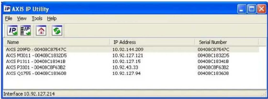 IP AXIS IP Utility File View Tools Help Name IP Address Serial Number AXIS 209FD - 00408C87547C 10.92.144.209 00408C87547C AXIS M3011 - 00408C1832D5 10.92.127.121 00408C1832D5 AXIS P1311 - 00408C18341B 10.92.127.15 00408C18341B AXIS P3301 - 00408C8F63B2 10.92.43.33 00408C8F63B2 AXIS Q1755 - 00408C183608 10.92.127.94 00408C183608 Interface 10.92.127.214