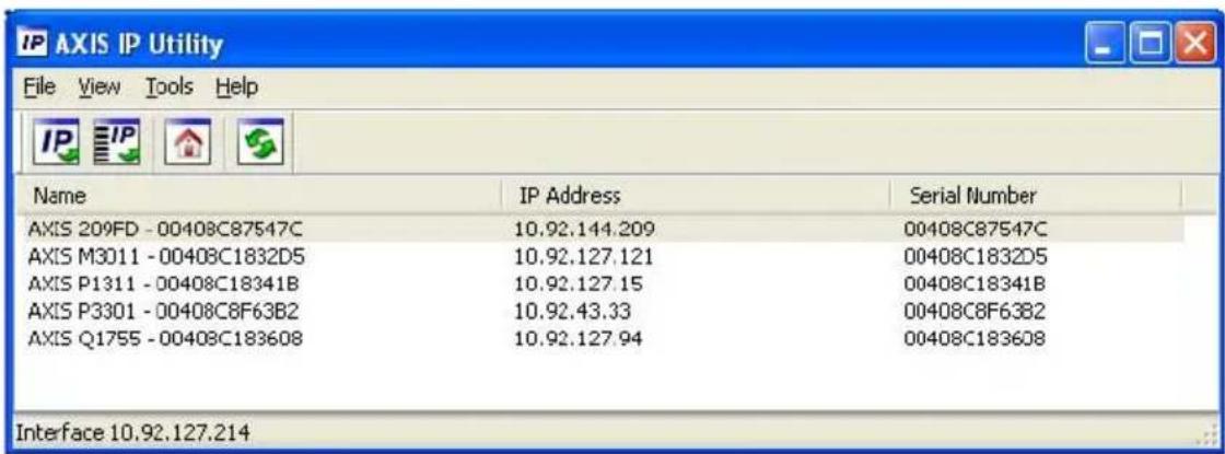 IP AXIS IP Utility File View Tools Help Name IP Address Serial Number AXIS 209FD - 00408C87547C 10.92.144.209 00408C87547C AXIS M3011 - 00408C1832D5 10.92.127.121 00408C1832D5 AXIS P1311 - 00408C18341B 10.92.127.15 00408C18341B AXIS P3301 - 00408C8F63B2 10.92.43.33 00408C8F63B2 AXIS Q1755 - 00408C183608 10.92.127.94 00408C183608 Interface 10.92.127.214