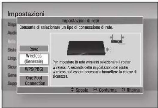 Impostazioni Impostazioni di rete Consente di selezionare un tipo di connessione di rete. Cavo Wireless (Generale) WPS(PBC) One Foot Connection Per Impostare la rete wireless selezionare il router wireless. A seconda delle impostazioni del router wireless può essere necessario immettere la chiave di sicurezza. Sposta Conferma Ritorna