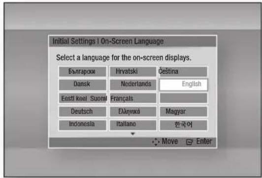 Initial Settings | On-Screen Language Select a language for the on-screen displays. Българокн Dansk Eesti keel Suomi Deutsch Indonesia Hrvatski Nederlands Françals Еларукд Itaitano Čeština English Magyar 한국어 Move Enter