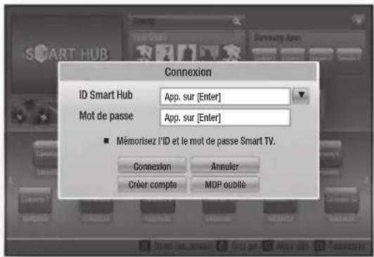 Connexion ID Smart Hub App. sur [Enter] Mot de passe App. sur [Enter] ■ Mémorisez l'ID et le mot de passe Smart TV. Connexion Annuler Créer compte MDP oublié