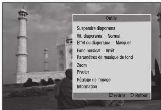 Outils Suspendre diaporama Vit. diaporama : Normal Effet du diaporama : Masquer Fond musical : Arrêt Paramètres de musique de fond Zoom Pivoter Réglage de l'image Information Entrer Retour