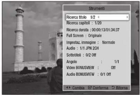 Strumenti Ricerca titolo 1/2 Ricerca capitoli : 1/20 Ricerca durata : 00:00:13/01:34:37 Full Screen : Originale Impostaz. immagine : Normale Audio : 1/1 JPN 2CH Sottotitoli : 0/2 Off Angolo : 1/1 Video BONUSVIEW : Off Audio BONUSVIEW : 0/1 Off Cambia Conferma Ritorna