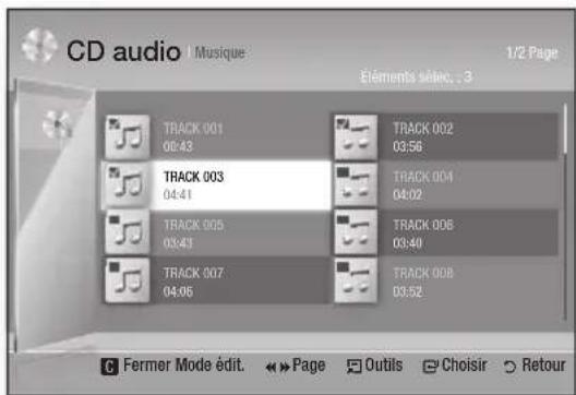CD audio | Musique 1/2 Page Éléments sélec. : 3 TRACK 001 00:43 TRACK 002 03:56 TRACK 003 04:41 TRACK 004 04:02 TRACK 005 03:43 TRACK 006 03:40 TRACK 007 04:06 TRACK 008 03:52 C Fermer Mode édit. ↔ Page Outils Choisir Retour