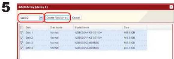 RAID Array (Array 1) AC10 Create RAID Array Cancel Disk Disk mode ModelName Size Disk 1 Normal V05000A-KS-09VGA 465.8 GB Disk 2 Normal V05000A-KS-09VGA 465.8 GB Disk 3 Normal V05000KOS-B6URDS 465.8 GB Disk 4 Normal V05000KOS-B6URDS 465.8 GB