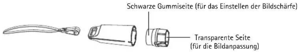 Schwarze Gummiseite (für das Einstellen der Bildschärfe) Transparente Seite (für die Bildanpassung)