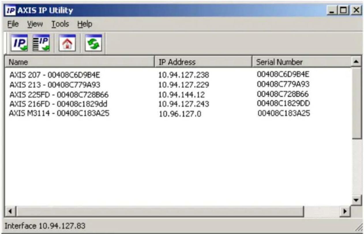 IP AXIS IP Utility File View Tools Help Name IP Address Serial Number AXIS 207 - 00408C6D9B4E 10.94.127.238 00408C6D9B4E AXIS 213 - 00408C779A93 10.94.127.229 00408C779A93 AXIS 225FD - 00408C728B66 10.94.144.12 00408C728B66 AXIS 216FD - 00408c1829dd 10.94.127.243 00408C1829DD AXIS M3114 - 00408C183A25 10.96.127.0 00408C183A25 Interface 10.94.127.83