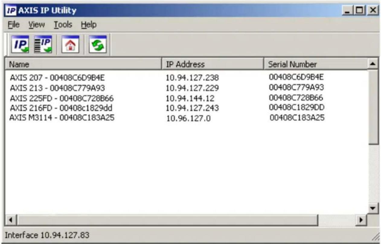 IP AXIS IP Utility File View Tools Help Name IP Address Serial Number AXIS 207 - 00408C6D9B4E 10.94.127.238 00408C6D9B4E AXIS 213 - 00408C779A93 10.94.127.229 00408C779A93 AXIS 225FD - 00408C728B66 10.94.144.12 00408C728B66 AXIS 216FD - 00408c1829dd 10.94.127.243 00408C1829DD AXIS M3114 - 00408C183A25 10.96.127.0 00408C183A25 Interface 10.94.127.83