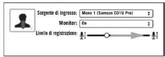 Sorgente di ingresso: Mono 1 (Samson C01U Pro) Monitor: On Livello di registrazione: