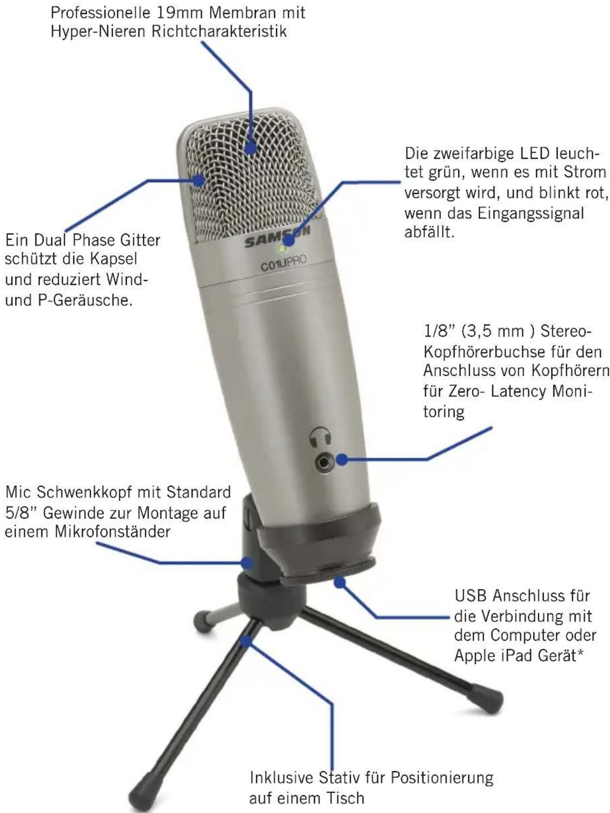 Professionelle 19mm Membran mit Hyper-Nieren Richtcharakteristik Ein Dual Phase Gitter schützt die Kapsel und reduziert Wind- und P-Geräusche. SAMSEN C01UPRO Die zweifarbige LED leuchtet grün, wenn es mit Strom versorgt wird, und blinkt rot, wenn das Eingangssignal abfällt. 1/8" (3,5 mm) Stereo-Kopfhörerbuchse für den Anschluss von Kopfhörern für Zero-Latency Monitoring Mic Schwenkkopf mit Standard 5/8" Gewinde zur Montage auf einem Mikrofonständer USB Anschluss für die Verbindung mit dem Computer oder Apple iPad Gerät* Inklusive Stativ für Positionierung auf einem Tisch
