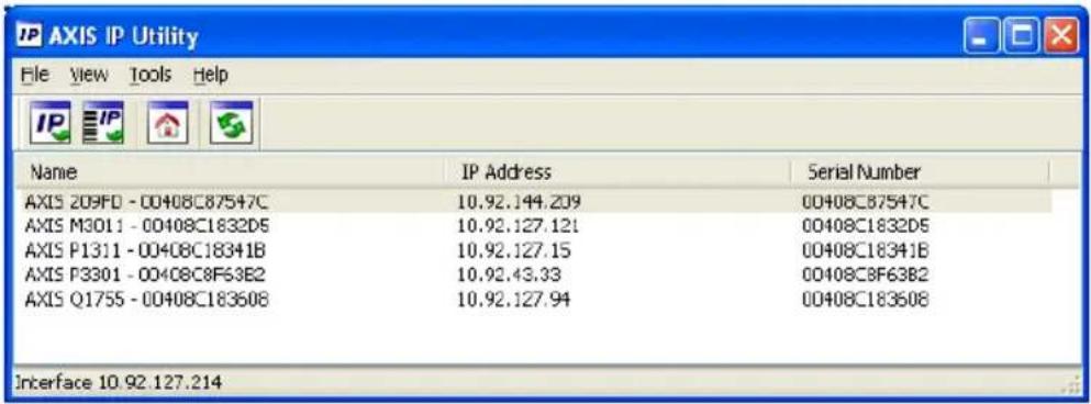 AXIS IP Utility File View Tools Help Name IP Address Serial Number AXIS 209FD - 00408C87547C 10.92.144.209 00408C87547C AXIS M3011 - 00408C1832D6 10.92.127.121 00408C1832D6 AXIS P1311 - 00408C18341B 10.92.127.15 00408C18341B AXIS P3301 - 00408C8F63B2 10.92.43.33 00408C8F63B2 AXIS Q1755 - 00408C183608 10.92.127.94 00408C183608 Interface 10.92.127.214
