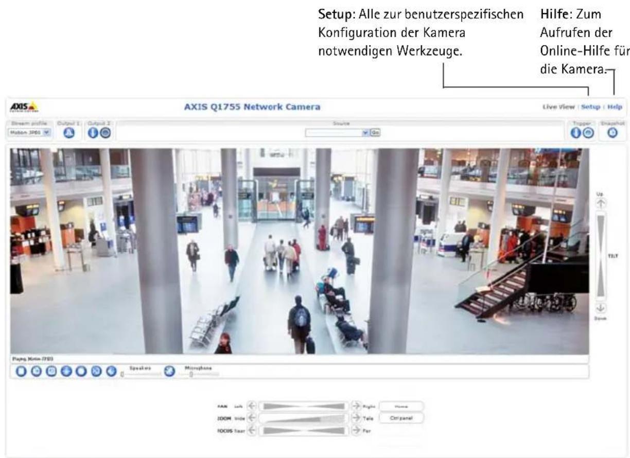 Setup: Alle zur benutzerspezifischen Konfiguration der Kamera notwendigen Werkzeuge. Hilfe: Zum Aufrufen der Online-Hilfe für die Kamera. AXIS Q1755 Network Camera Live View | Setup | Help Stream profile Output 1 Output 2 Source Trigger Snapshot Motion JSP60 Up TILT Down Playing Motion-FT83 Speaker Microphone FAM Left Right Home IDOM Inside Tele Cirr panel IDOM Left Far