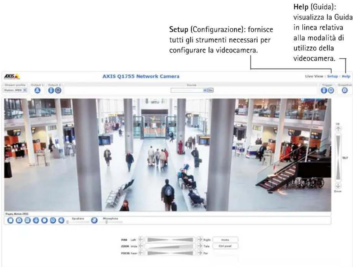 Setup (Configurazione): fornisce tutti gli strumenti necessari per configurare la videocamera. Help (Guida): visualizza la Guida in linea relativa alla modalità di utilizzo della videocamera. Live View | Setup | Help AXIS Q1755 Network Camera Stream profile Output 1 Output 2 Mbox 3960 Source Go Trigger Showback Playe, Motion-2755 Speakero Microphone PAR Left Right Home ZOOM side Tale Ctrl panel FOCUS linear Par