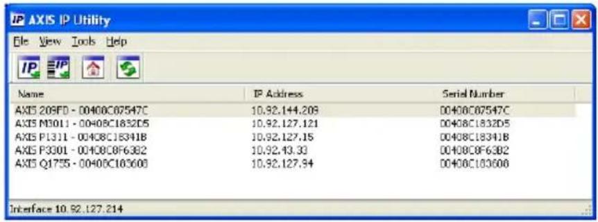 IP AXIS IP Utility File View Tools Help Name IP Address Serial Number AXIS 209FD - 00400C07547C 10.92.144.208 00400C07547C AXIS M3011 - 00408C1832D5 10.92.127.121 00408C1832D5 AXIS P1311 - 00408C18341B 10.92.127.15 00408C18341B AXIS P3301 - 00408C0F6382 10.92.13.33 00408C0F6382 AXIS Q1755 - 00408C183608 10.92.127.94 00408C183608 Interface 10.92.127.214