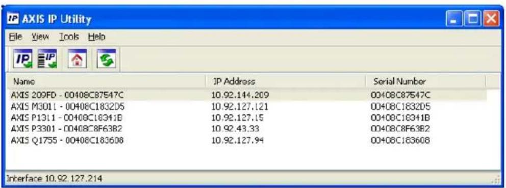AXIS IP Utility File View Tools Help Name IP Address Serial Number AXIS 209FD - 00408CB7547C 10.92.144.209 00408C87547C AXIS M3011 - 00408C1832D5 10.92.127.121 00408C1832D5 AXIS P1311 - 00408C18341B 10.92.127.15 00408C18341B AXIS P3301 - 00408C8F63B2 10.92.43.33 00408C8F63B2 AXIS Q1755 - 00408C183608 10.92.127.94 00408C183608 Interface 10.92.127.214