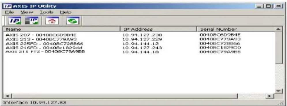 AXIS IP Utility File View Tools Help IP IP Name IP Address Serial Number AXIS 207 - 00408C6D9B4E 10.94.127.238 00408C6D9B4E AXIS 213 - 00408C779A93 10.94.127.229 00408C779A93 AXIS 225FD - 00408C728B66 10.94.144.12 00408C728B66 AXIS 216FD - 00408c1829dd 10.94.127.243 00408C1829DD AXIS 215 FTZ - 00408C79A9BB 10.94.144.18 00408C79A9BB Interface 10.94.127.83