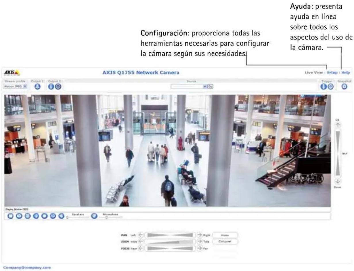 AXIS Q1755 Network Camera Stream profile Outlook 1 Outlook 2 Mabion JPEG Source Go Trigger Snapshot Play: Motion-2703 Speaker Microphone PAR Left Right Home ZOOM Inside Tele Ctrl panel FOCUS Linear Far Configuración: proporciona todas las herramientas necesarias para configurar la cámara según sus necesidades. Ayuda: presenta ayuda en línea sobre todos los aspectos del uso de la cámara. Live View | Setup | Help Company@company.com