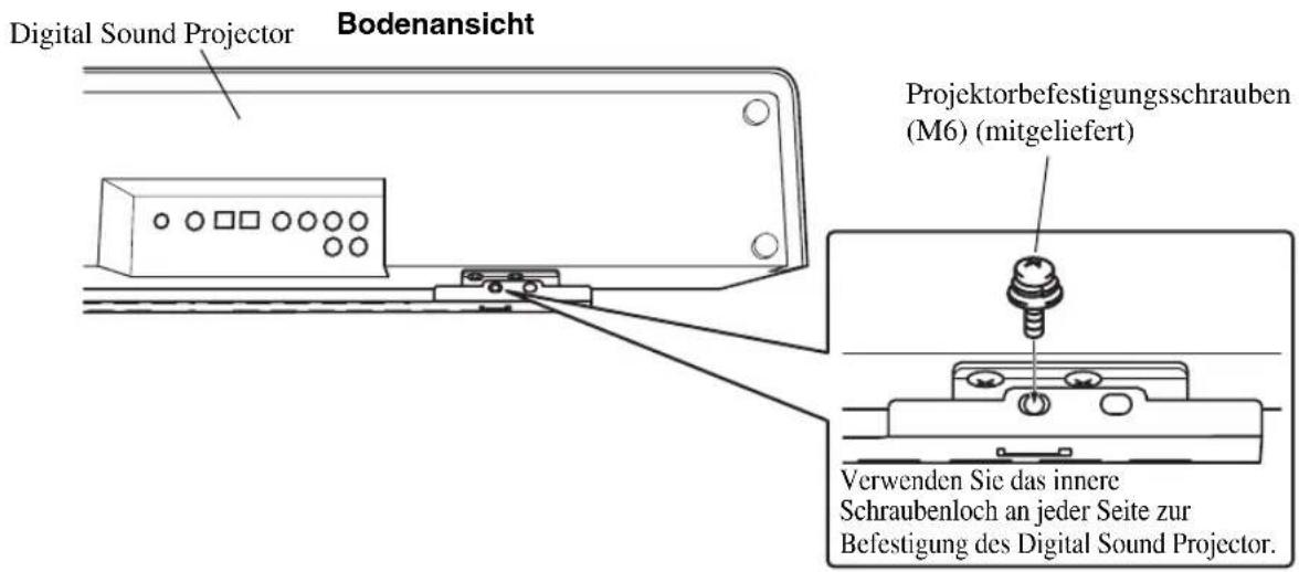 Digital Sound Projector Bodenansicht Projektorbefestigungsschrauben (M6) (mitgeliefert) Verwenden Sie das innere Schraubenloch an jeder Seite zur Befestigung des Digital Sound Projector.