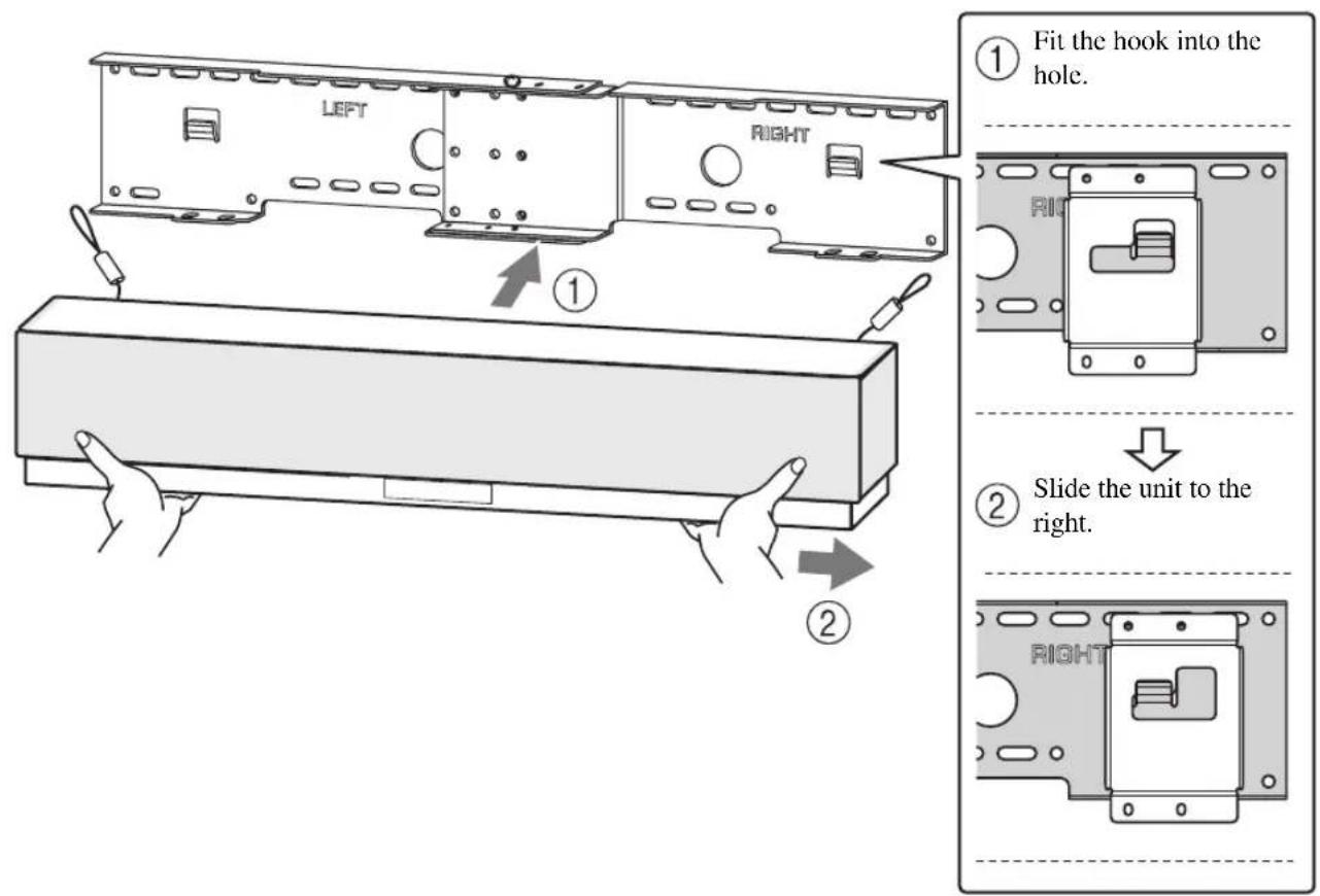 LEFT RIGHT ① ② ① Fit the hook into the hole. ② Slide the unit to the right.