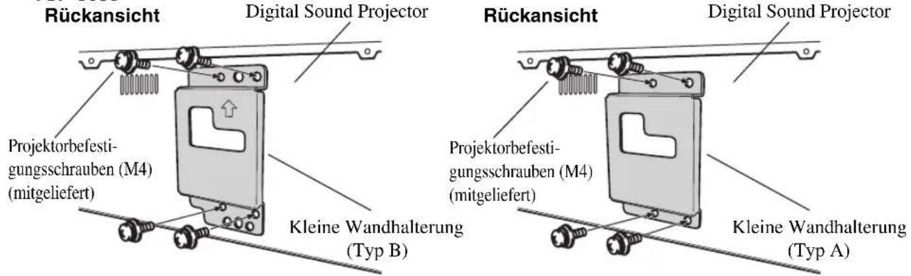 Rückansicht Digital Sound Projector Projektorbefestigungsschrauben (M4) (mitgeliefert) Kleine Wandhalterung (Typ B) Rückansicht Digital Sound Projector Projektorbefestigungsschrauben (M4) (mitgeliefert) Kleine Wandhalterung (Typ A)