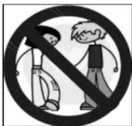 Prohibition sign with two people crossed out, one crossed out by a diagonal line