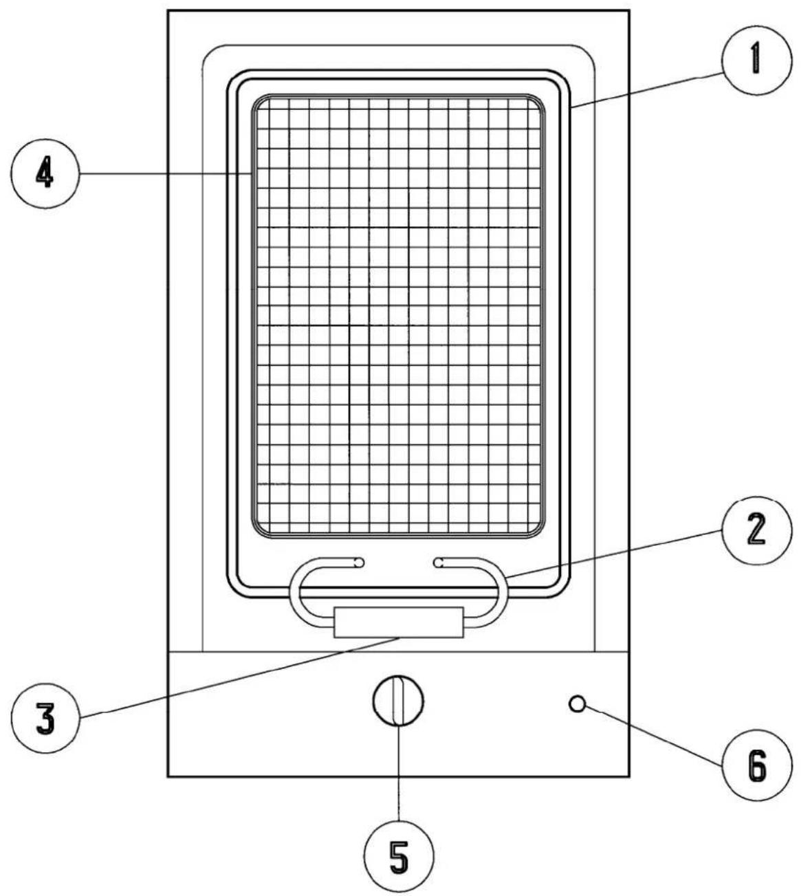 Technical diagram of a device with numbered components, likely a control panel or enclosure assembly.