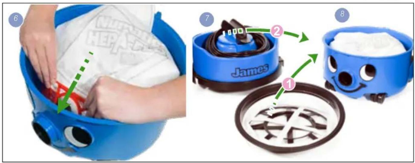 Instructional image showing a child cleaning a blue vacuum cleaner with labeled steps 1, 2, and 8.