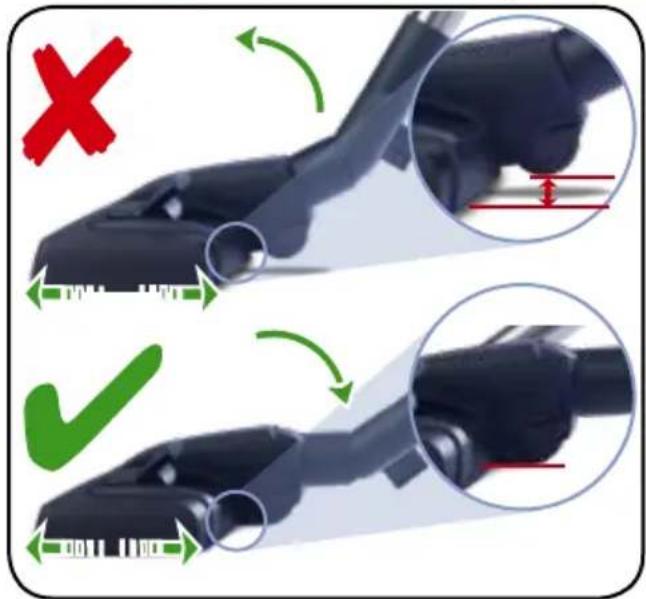 Diagram illustrating a mechanical device with labeled parts and directional arrows, including a red X mark and green checkmark.