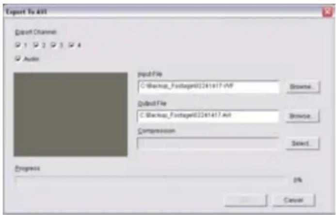 Export To A401 Export Channel 1 2 3 4 Audio pschFile C:\Backup_Footage\02241417-VVP Browse... Default File C:\Backup_Footage\02241417-A4 Browse... Compression Select... Progress OK Cancel