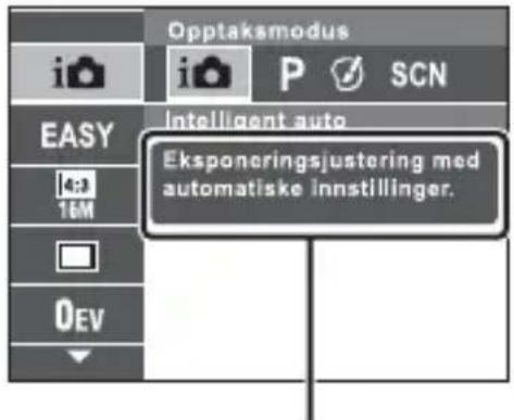 Opptaksmodus i i P SCN EASY Intelligent auto 16M Eksponeringsjustering med automatiske innstillinger. DEV