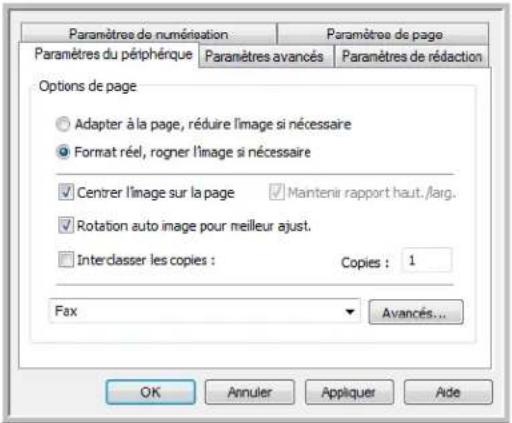 Paramètre de numérisation Paramètre de page Paramètres du péphérique Paramètres avancés Paramètres de rédaction Options de page Adapter à la page, réduire l'image si nécessaire Format réel, rogner l'image si nécessaire Centrer l'image sur la page Mantenir rapport haut./laig. Rotation auto image pour…