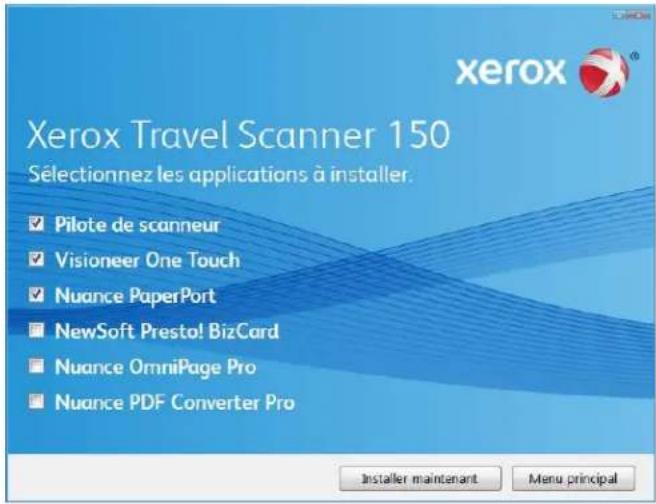 Xerox Travel Scanner 150 Sélectionnez les applications à installer. ✓ Pilote de scanneur ✓ Visioneer One Touch ✓ Nuance PaperPort ■ NewSoft Presto! BizCard ■ Nuance OmniPage Pro ■ Nuance PDF Converter Pro Installer maintenant Menu principal