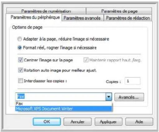 Paramètres de numérisation Paramètres de page Paramètres du périphérique Paramètres avancés Paramètres de rédaction Options de page Adapter à la page, réduire l'image si nécessaire Format réel, rogner l'image si nécessaire Centrer l'image sur la page Mantenir rapport haut./larg Rotation auto image p…