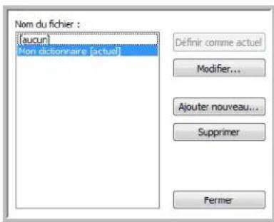 Nom du fichier : (aucun) Non dictionnaire (actual) Définir comme actuel Modifier... Ajouter nouveau... Supprimer Fermer