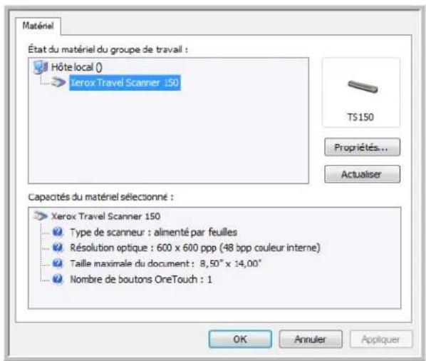 Matériel État du matériel du groupe de travail : Hôte local () Xerox Travel Scanner 150 TS150 Propriétés... Actualiser Capacités du matériel sélectionné : Xerox Travel Scanner 150 Type de scanneur : alimenté par feuilles Résolution optique : 600 x 600 ppp (48 bpp couleur interne) Taille maximale du…