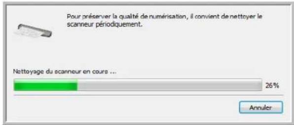 Pour préserver la qualité de numérisation, il convient de nettoyer le scanneur périodiquement. Nettoyage du scanneur en cours ... Annuler