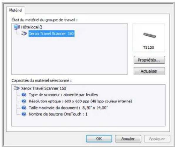 Matériel État du matériel du groupe de travail : Hôte local 0 Xerox Travel Scanner 150 T3150 Propriétés... Actualiser Capacités du matériel sélectionné : Xerox Travel Scanner 150 Type de scanneur : alimenté par feuilles Résolution optique : 600 x 600 ppp (48 spp couleur interne) Taille maximale du d…