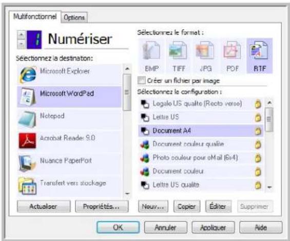 Multifonctionnel Options Numériser Sélectionnez la destination: Microsoft Explorer Microsoft WordPad Notepad Acrobat Reader 9.0 Nuance PaperPort Transfert vers stockage Actualser Propriétés... Sélectionnez le format : EMP TIFF JPG PDF RTF Créer un fichier par image Sélectionnez la configuration : Lo…