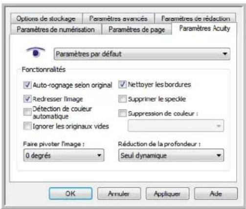 Options de stockage Paramètres évancés Paramètres de rédaction Paramètres de numérisation Paramètres de page Paramètres Acuity Paramètres par défaut Fonctionnalités ✓ Auto-rognage selon original ✓ Redresser l'image ☐ Détection de couleur automatique ☐ Ignorer les originaux vides ✓ Nettoyer les bordu…