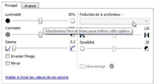 Principal Avancé Luminauté 50% Réduction de la profondeur : Contraste 128 Sélectionnez Noir et blanc pour activer cette option. Gamma 0,5 Sensibilité 20 Inverse l'image Mirror Déparasage Maider à choisir les valeurs de ces options