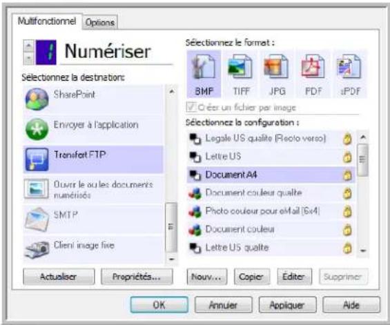 Multifonctionnel Options Numériser Sélectionnez la destinations: SharePoint Envoyer à l'application Transfot FTP Ouér le ou les documents numériés SMTP Client image five Actualiser Propriétés... Sélectionnez le format : BMP TIFF JPG PDF sPDF O'ér un fichier par image Sélectionnez la configuration :…