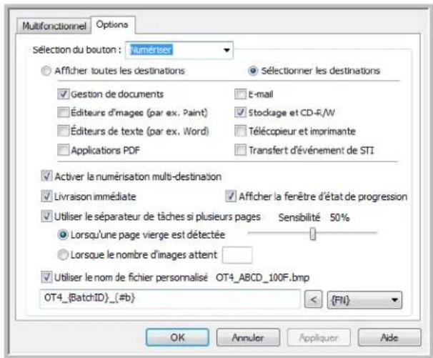 Multifonctionnel Options Sélection du bouton : Numériser Afficher toutes les destinations Gestion de documents Éditeurs d'images (par ex. Paint) Éditeurs de texte (par ex. Word) Applications PDF Sélectionner les destinations E-mail Stockage et CD-R/W Télécopieur et imorimante Transfert d'événement d…