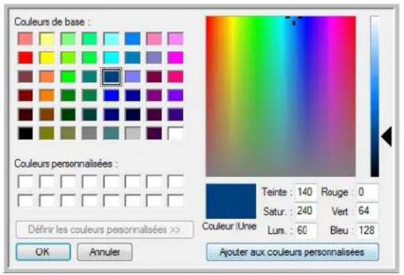 Couleurs de base : Couleurs personnalisées : Définir les couleurs personnalisées >> OK Annuler Teinte : 140 Rouge 0 Satur : 240 Vert 64 Lum : 60 Bleu 128 Ajouter aux couleurs personnalisées