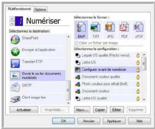 Multifonctionnel Options Numériser Sélectionnez la destination: SharePoint Envoyer à l'application Transfet FTP Ouvrir le ou les documents numériés SMTP Client image fixe Actualiser Propriétés... Sélectionnez le format : BNP TIFF JPG PDF sPDF Déter un fichier per image Sélectionnez la configuration…