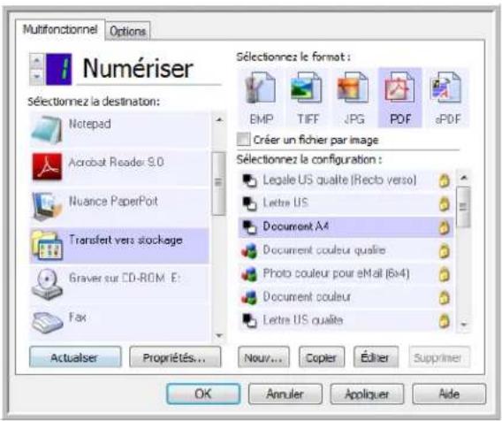 Multifonctionnel Options Numériser Sélectionnez la destination: Notepad Acrobat Reader 9.0 Nuance PaperPort Transfert vers stochage Graver sur CD-ROM E: Fax Sélectionnez le format : EMP TIFF JPG PDF ePDF Créer un fichier par image Sélectionnez la configuration : Legale US qualite (Recto verso) Lettr…