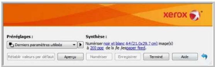 xerox Préréglages : Derniers paramètres utilisés Synthèse : Numériser noir et blanc A4 (21.0x29.7 cm) mage(s) à 200 pps de la /le /espaper feed. Rétablir valeurs par défaut Aperçu Numériser Enregistrer Terminé Aide