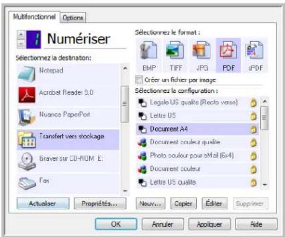 Multifonctionnel Options Numériser Sélectionnez la destination: Notepad Acrobat Reader 3.0 Nuance PaperPort Transfert vers stockage Graver sur CD-ROM E: Fax Actualser Propriétés... Sélectionnez le format : BMP TIFF JPG PDF sPDF Créer un fichier par image Sélectionnez la configuration : Legale US qua…