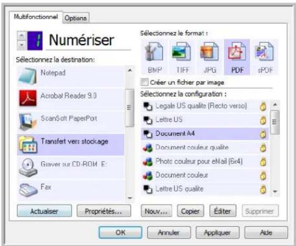 Multifonctionnel Options Numériser Sélectionnez la destination: Notepad Acrobat Reader 9.0 ScanSoft PaperPort Transfert vers: stockage Giaver sur CD-ROM E: Fax Actualiser Propriétés... Sélectionnez le format : BMP TIFF JPG PDF sPDF Créer un fichier par image Sélectionnez la configuration : Legale US…