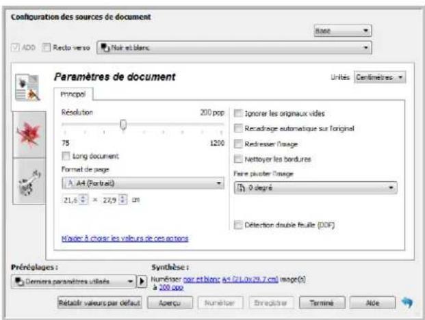 Configuration des sources de document Base ADD Recto verso Noir et blanc Paramètres de document Principal Resolution 200 pop 75 1200 Long document Format de page A A4 (Portrait) 21,6 × 27,9 cm Préégulages : Derniers paramètres unités Synthèse : Numésser par et bions: a4.21.ox29.7.cml image(s) à 200…